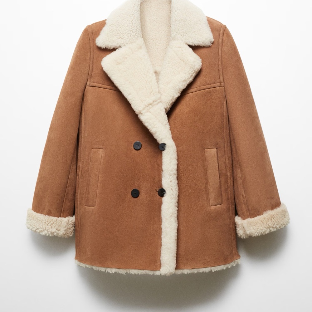 Mango Tan Cognac Suede Shearling Coat Size Medium